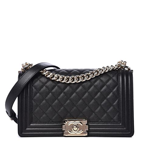 Chanel Black Quilted Caviar Medium Boy Bag Aged Gold 